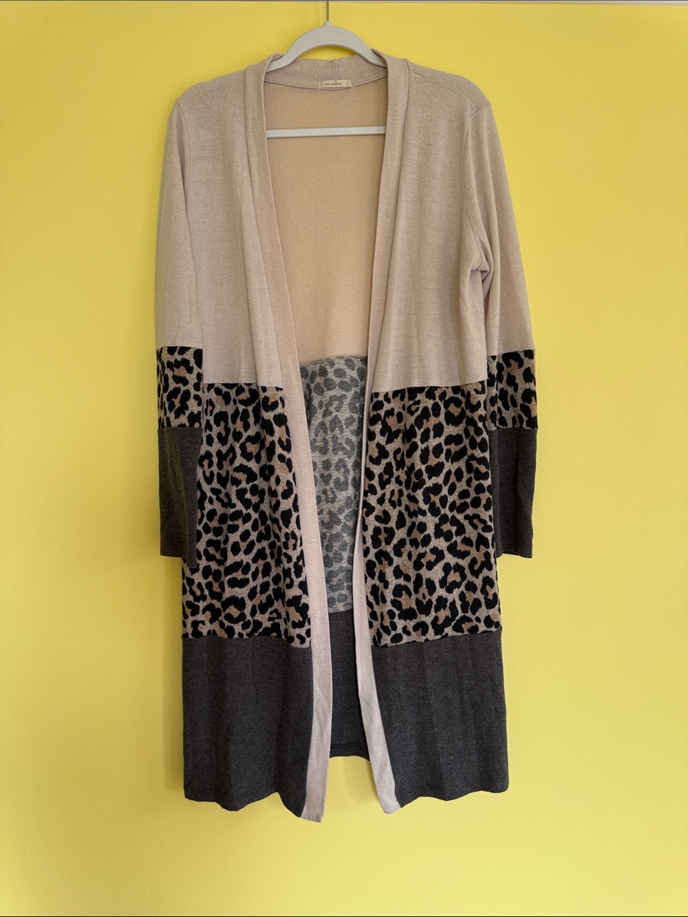 Leopard Block Open-Front Cardigan in Beige and Black